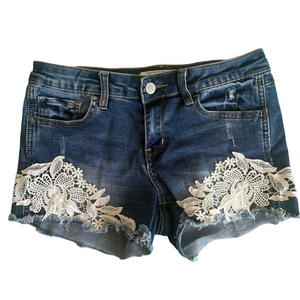 Eighty Two Denim Bohemian Blue and White Jean Shorts with Lace Detail 3